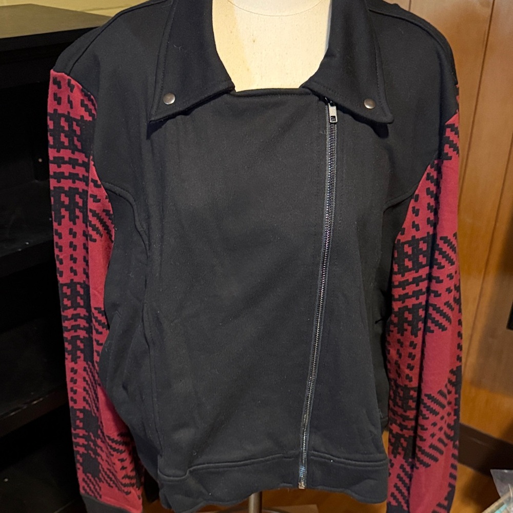 LuLaRoe Black Bomber Jacket with Burgundy Patterned Sleeves
